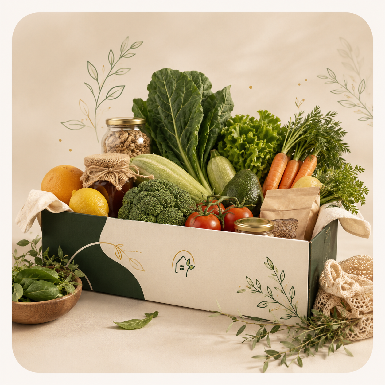 Cesta NBox completa com vegetais frescos, frutas e grãos.