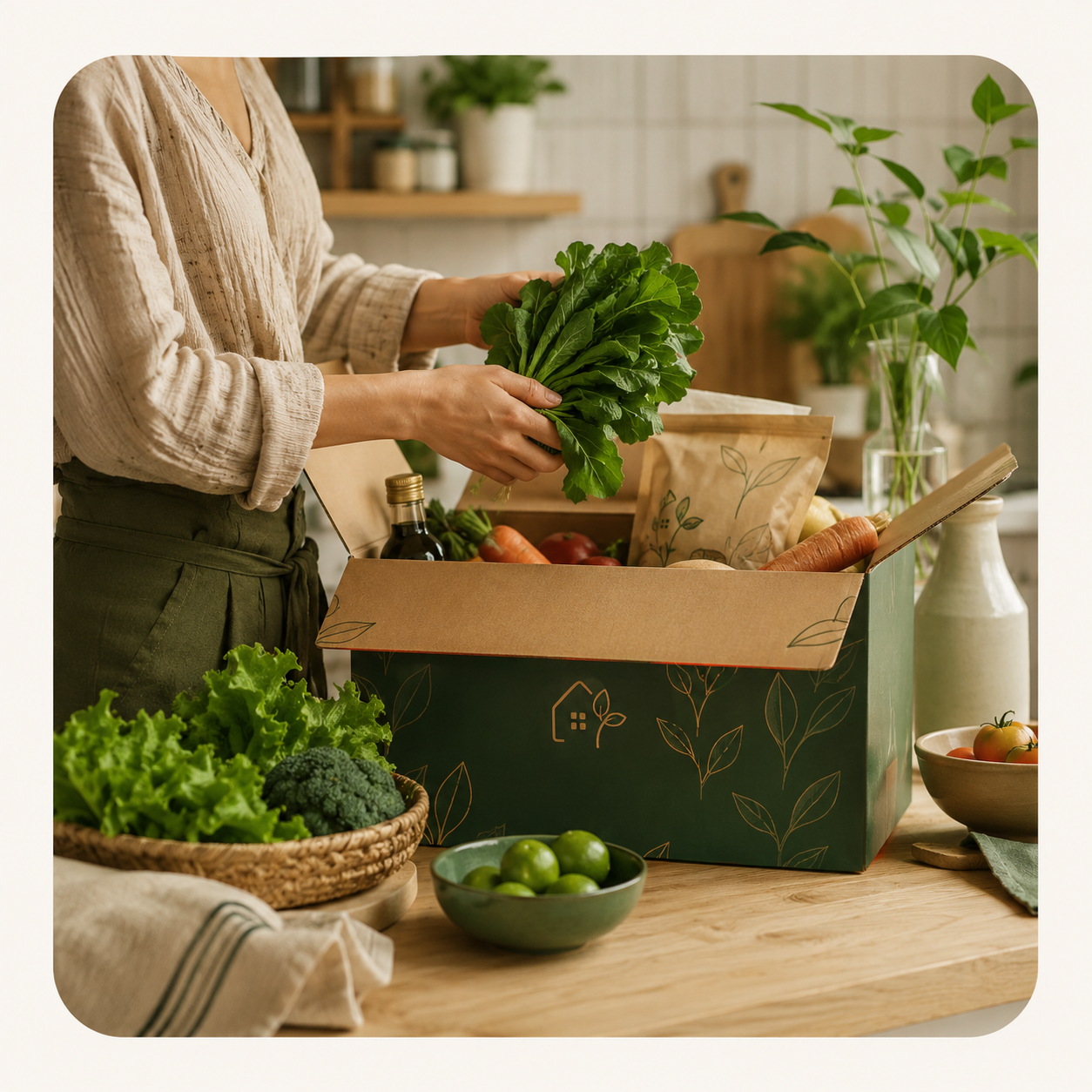 Cesta NBox sendo aberta na cozinha com verduras e legumes.